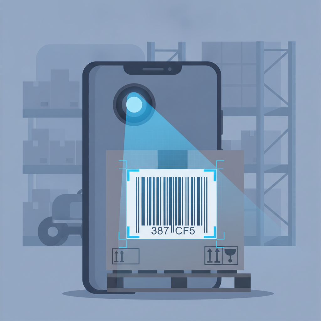 Close-up of a phone camera scanning a pallet barcode in a warehouse aisle