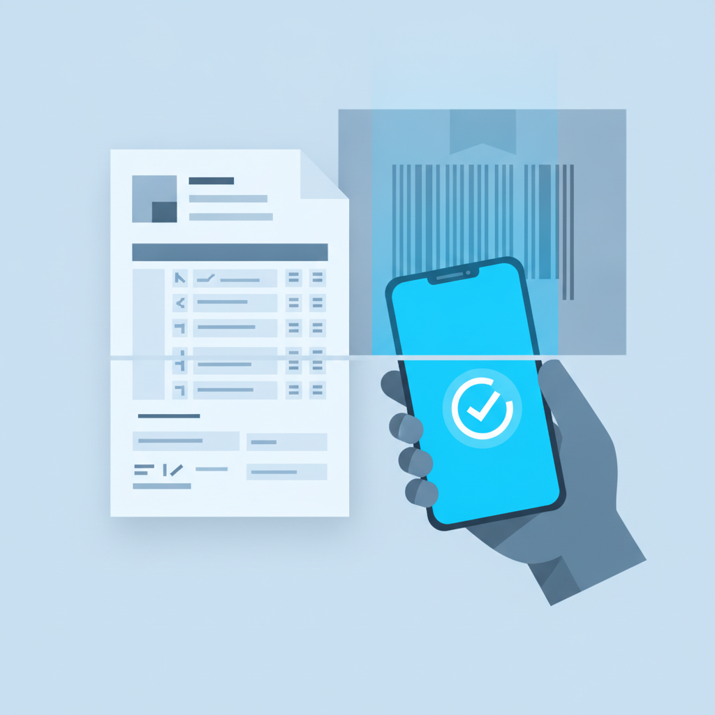 A split screen showing a paper pick list on one side and a phone screen scanning a barcode on the other
