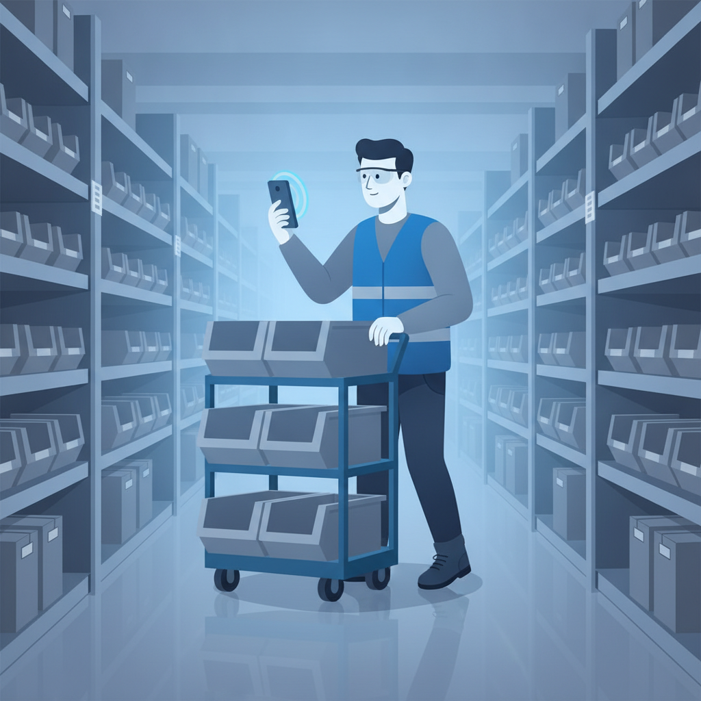 A warehouse worker pushing a multi-bin picking cart down a narrow aisle, scanning a shelf label with a phone