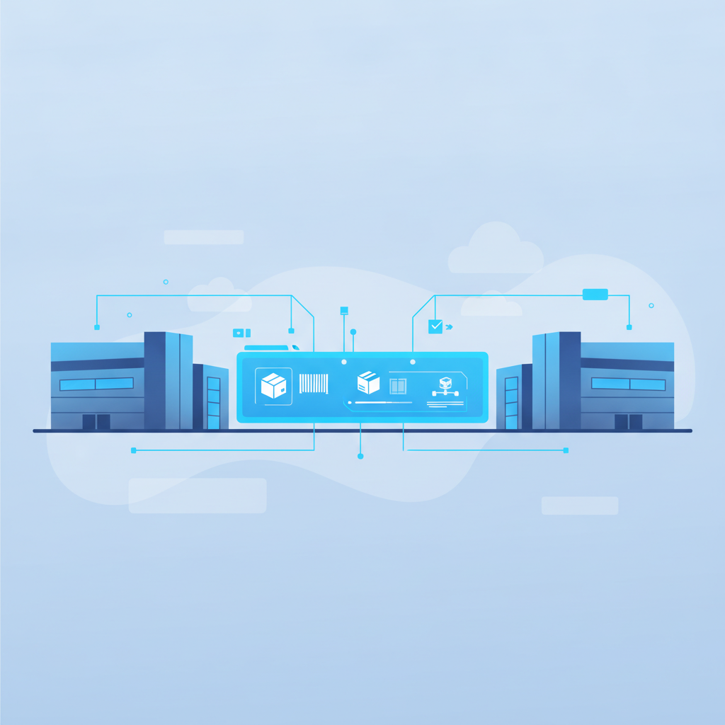 Two warehouse buildings connected by a shared digital inventory dashboard