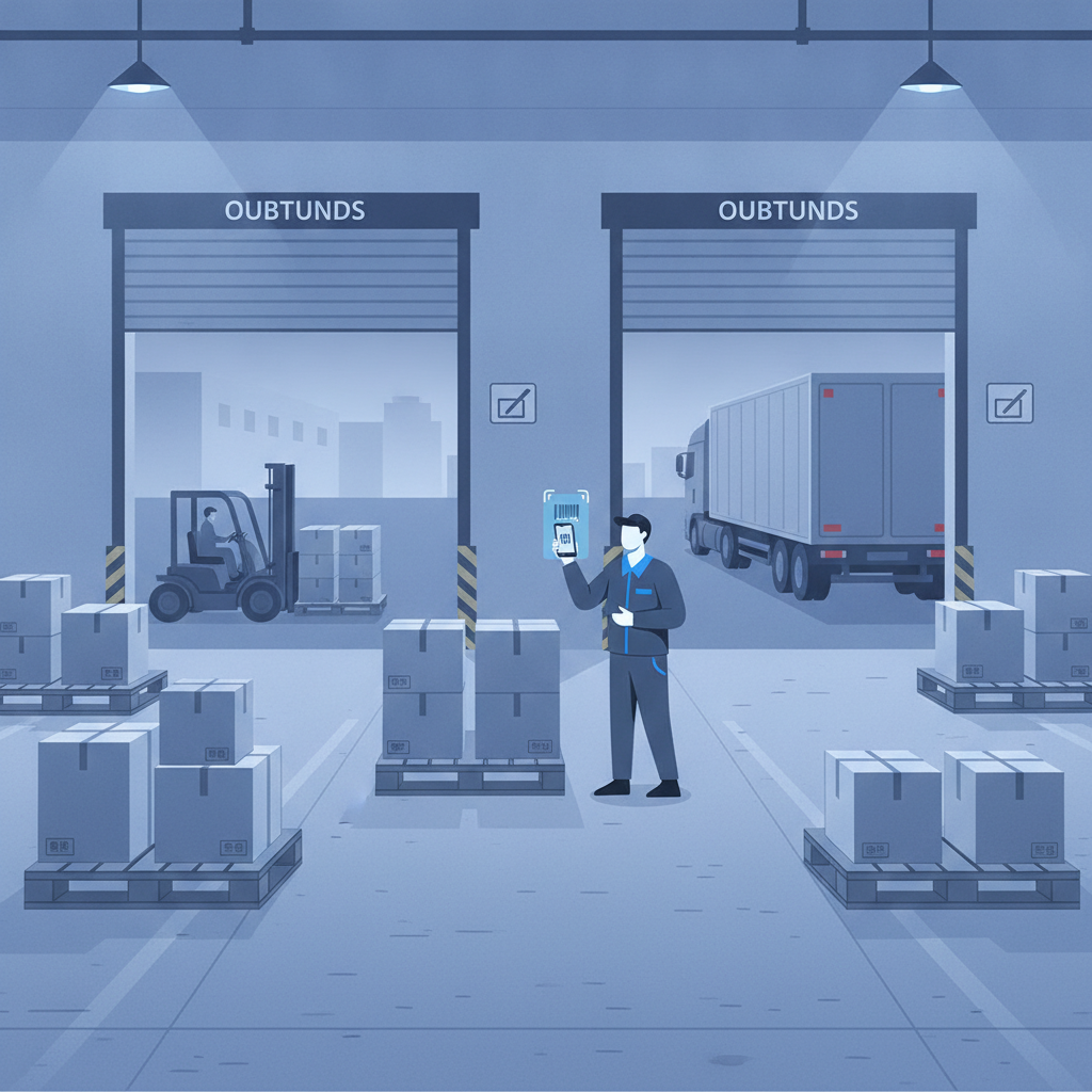 A warehouse dock area with pallets staged briefly near outbound doors, a worker scanning a pallet with a phone