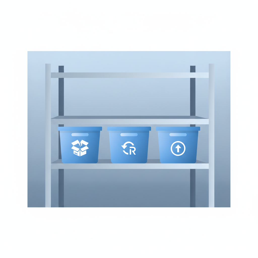 quarantine shelf with labeled bins for damaged, vendor-return, and resellable inventory