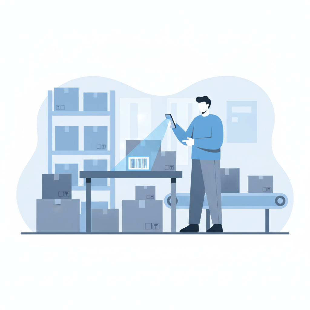 A warehouse packer scanning a barcode on a box at a pack station using a phone