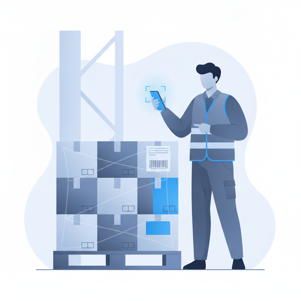 warehouse worker scanning a pallet label with a phone to capture a lot number