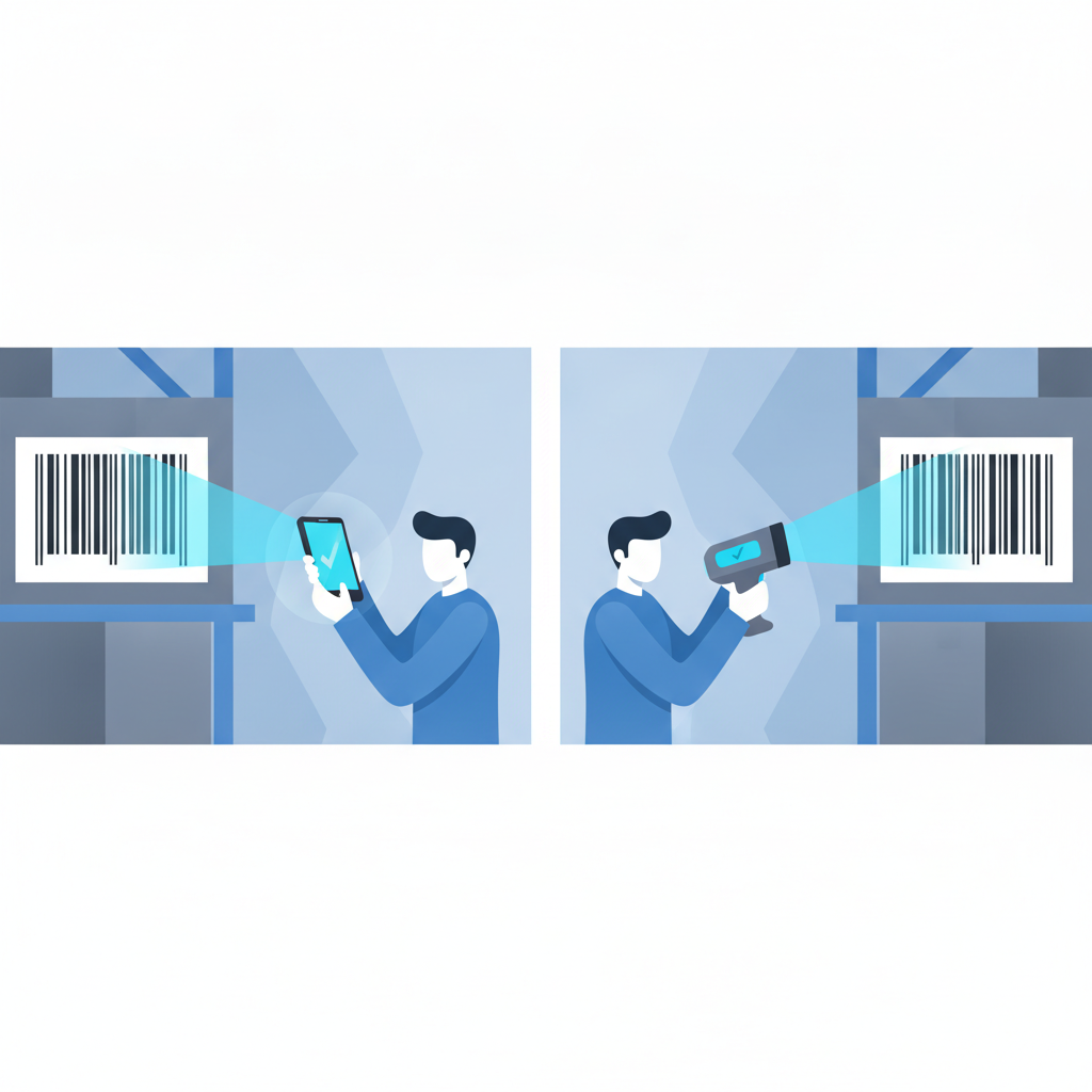 side-by-side comparison of a warehouse worker scanning a barcode with a phone versus a handheld scanner gun