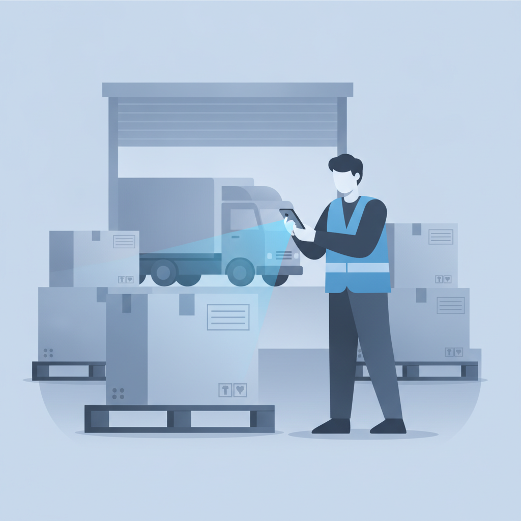 warehouse worker scanning a product label with a phone camera at a receiving dock