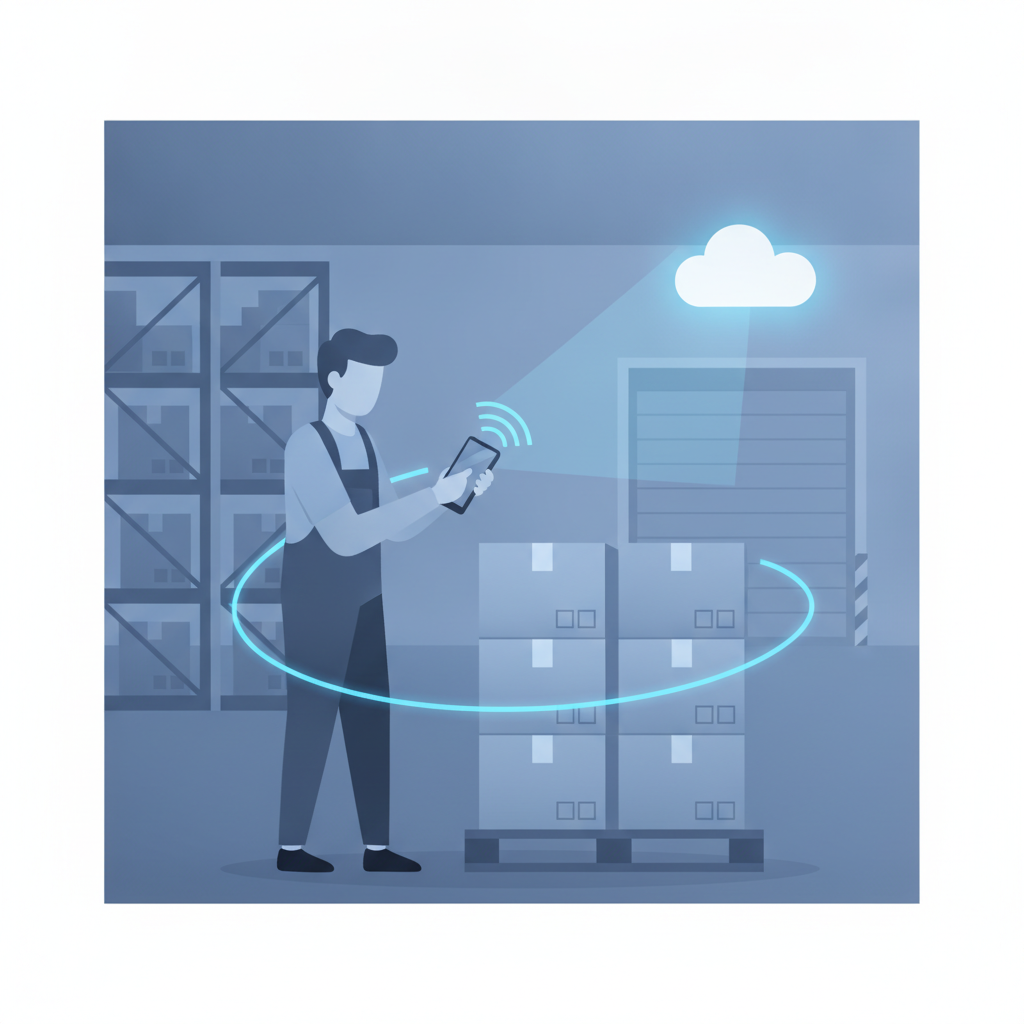 warehouse worker scanning a pallet with a phone, evidence trail concept