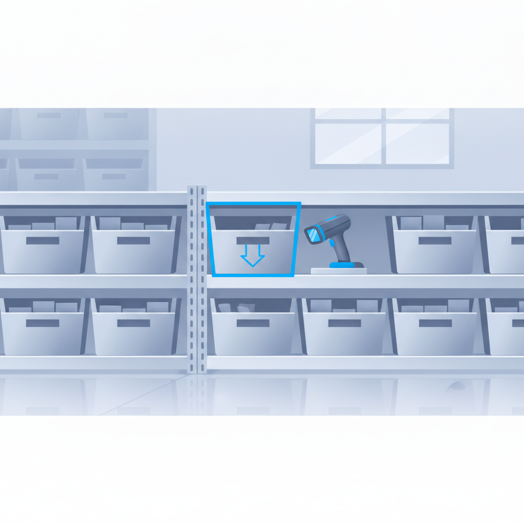 A warehouse shelf with a visible low-stock bin next to a scanning device, clean and modern