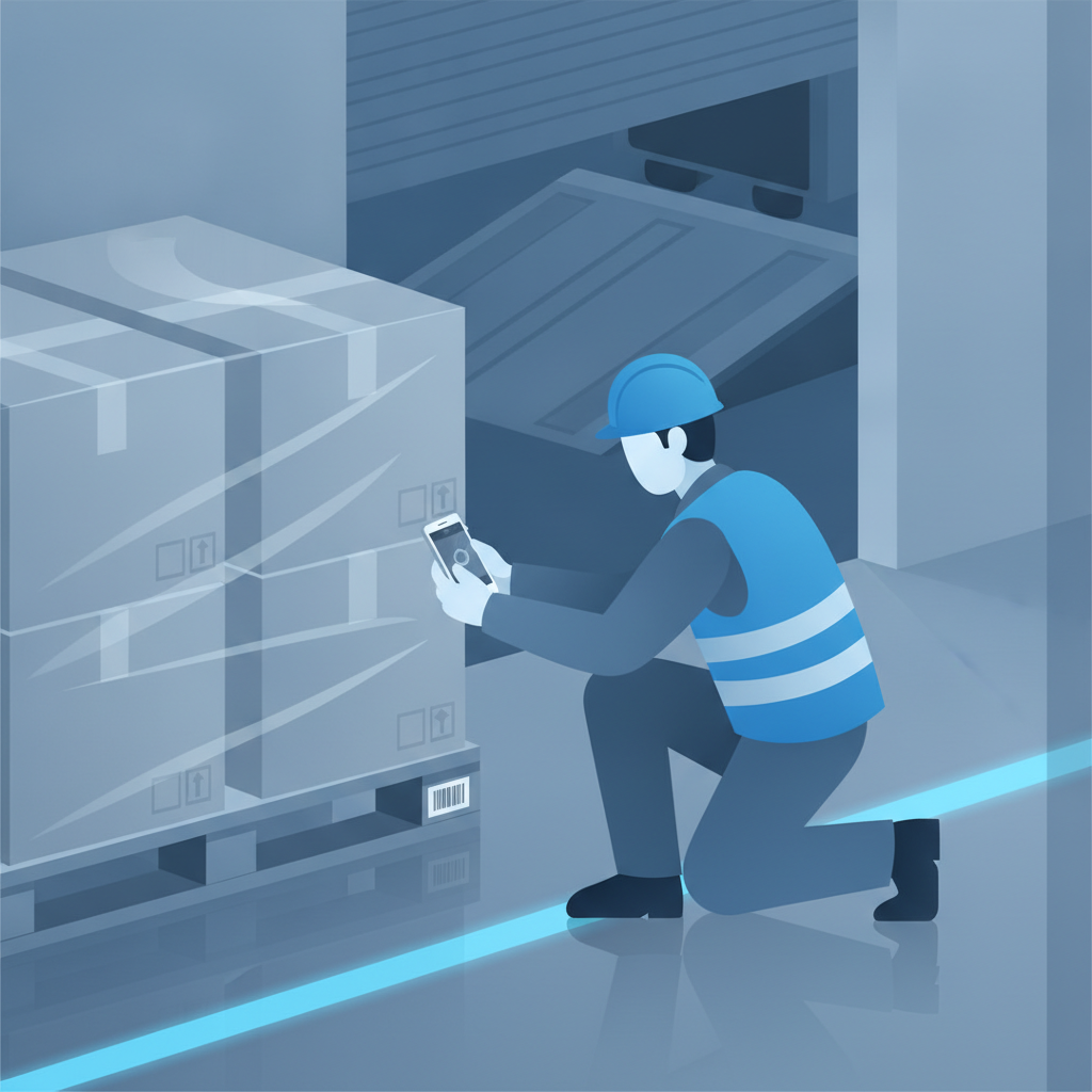 a warehouse worker photographing a pallet corner on a phone before it leaves the dock