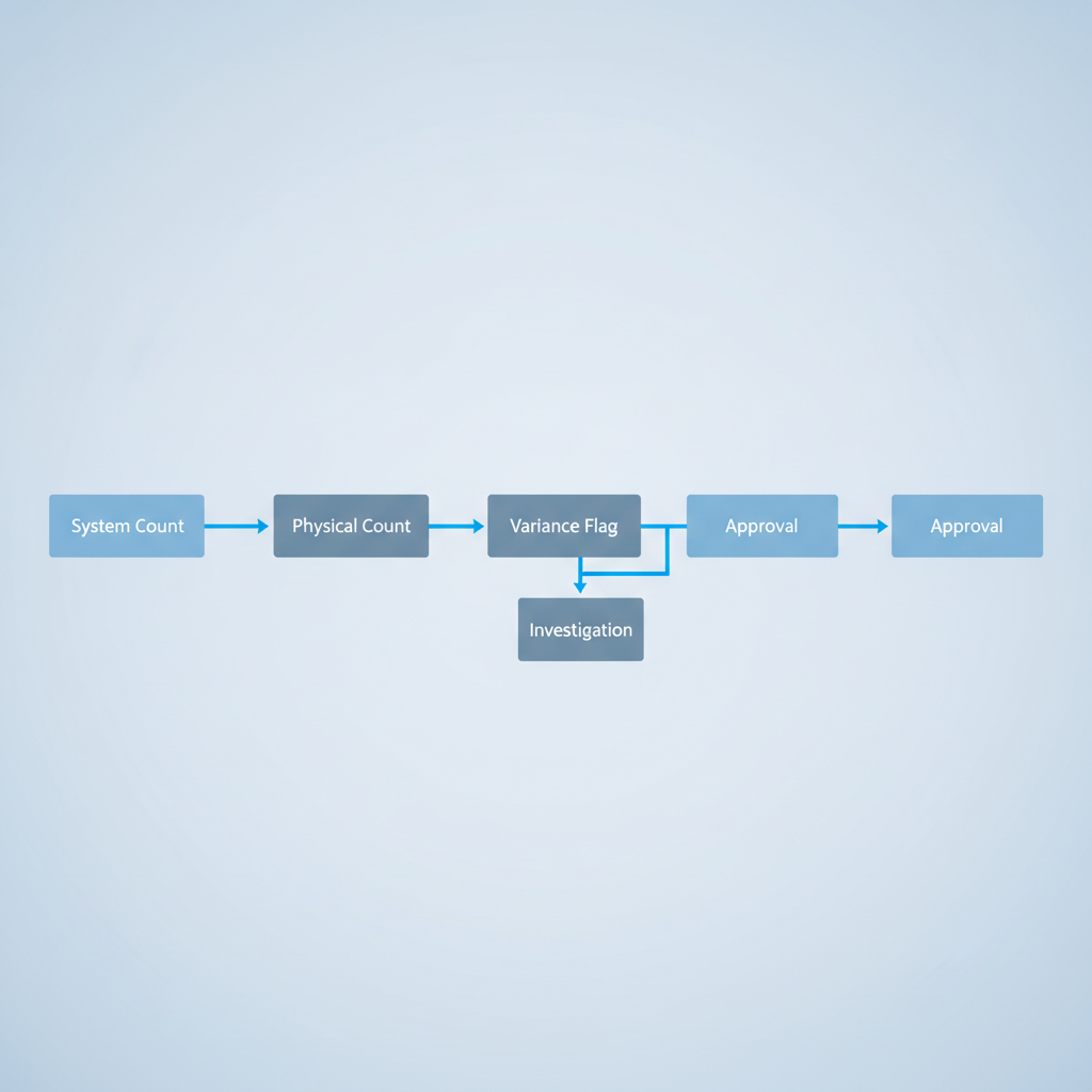 A simple flow diagram showing system count, physical count, variance flag, investigation, and approval steps in sequence