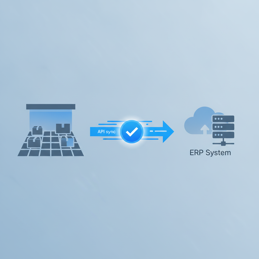 A simple diagram showing a warehouse floor and an ERP system connected by an arrow labeled API sync, with a checkmark icon in the middle representing verification