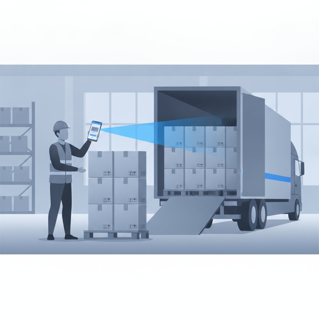 a warehouse worker scanning a pallet of boxed cases with a phone before loading it onto a truck