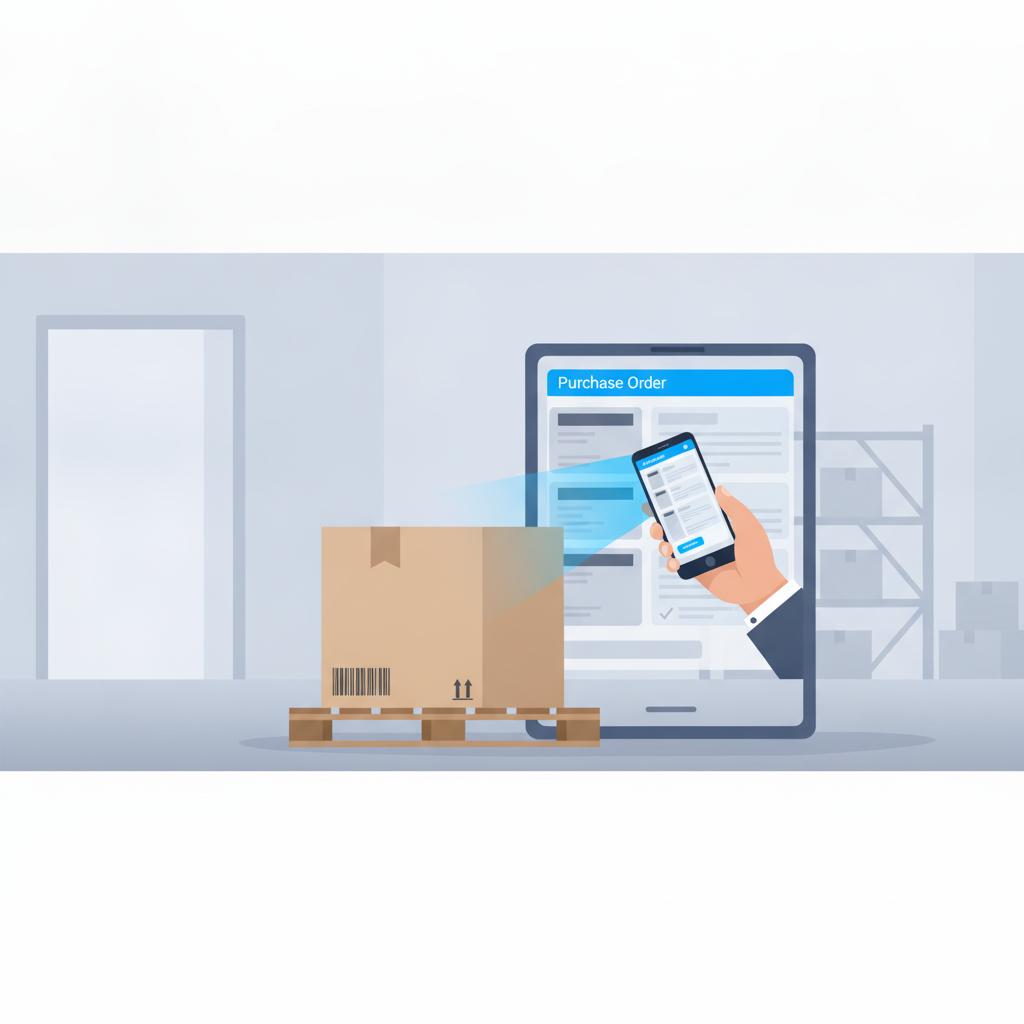 A phone scanning a pallet barcode next to an open purchase order screen on a warehouse dock