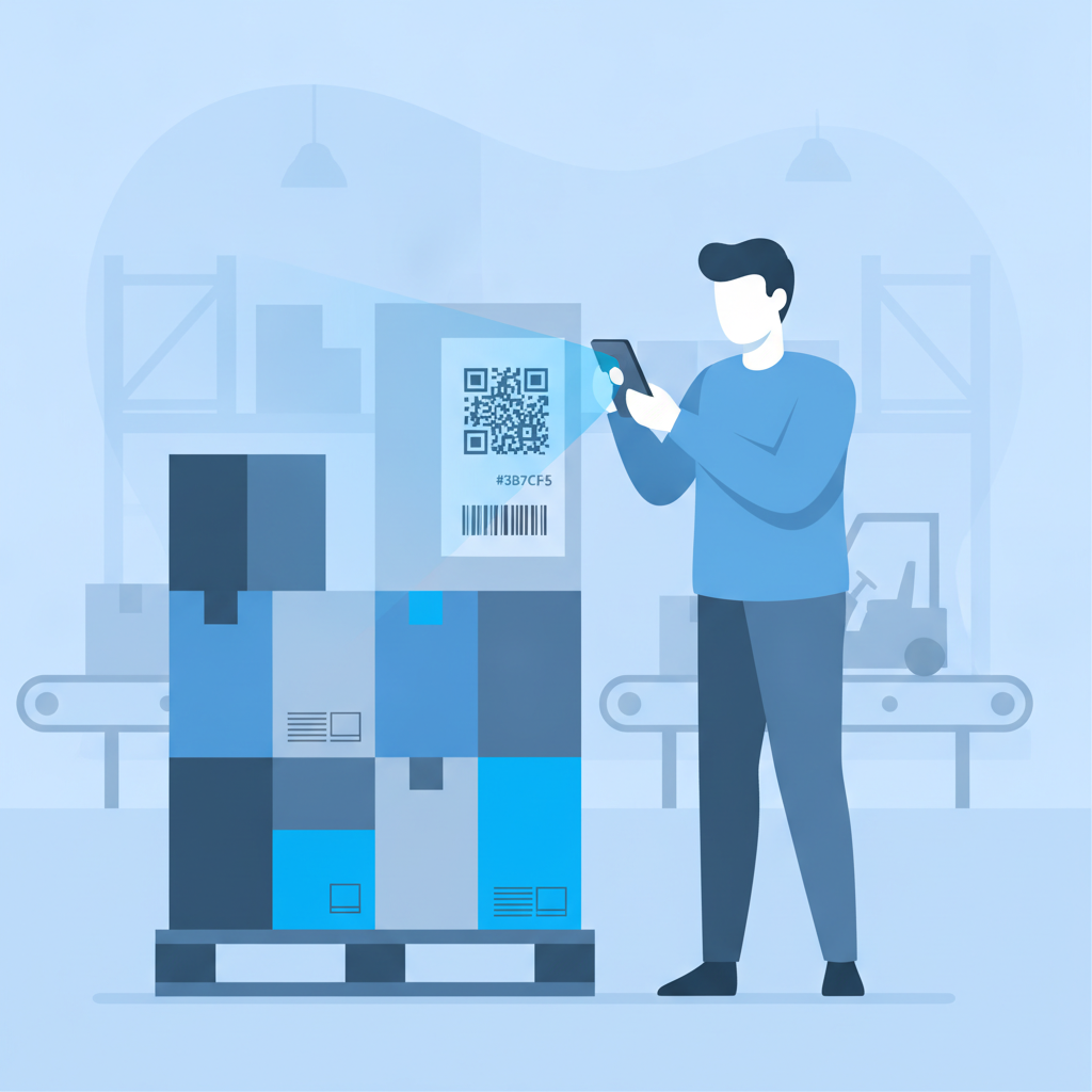 a warehouse worker scanning a pallet label using a smartphone camera, no scanner gun visible
