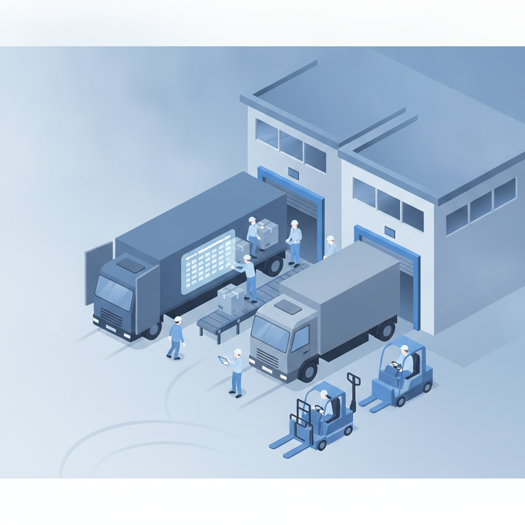 A small warehouse dock with two trucks at staggered bay doors, one being unloaded and one waiting, workers with a tablet checking a schedule