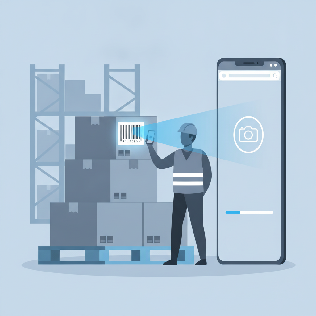 A warehouse worker scanning a pallet barcode using a smartphone camera through a browser interface