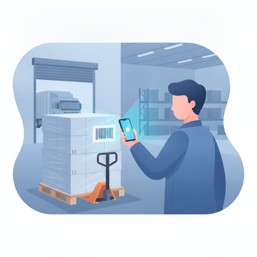 Warehouse worker scanning a pallet barcode with a phone camera at a receiving dock