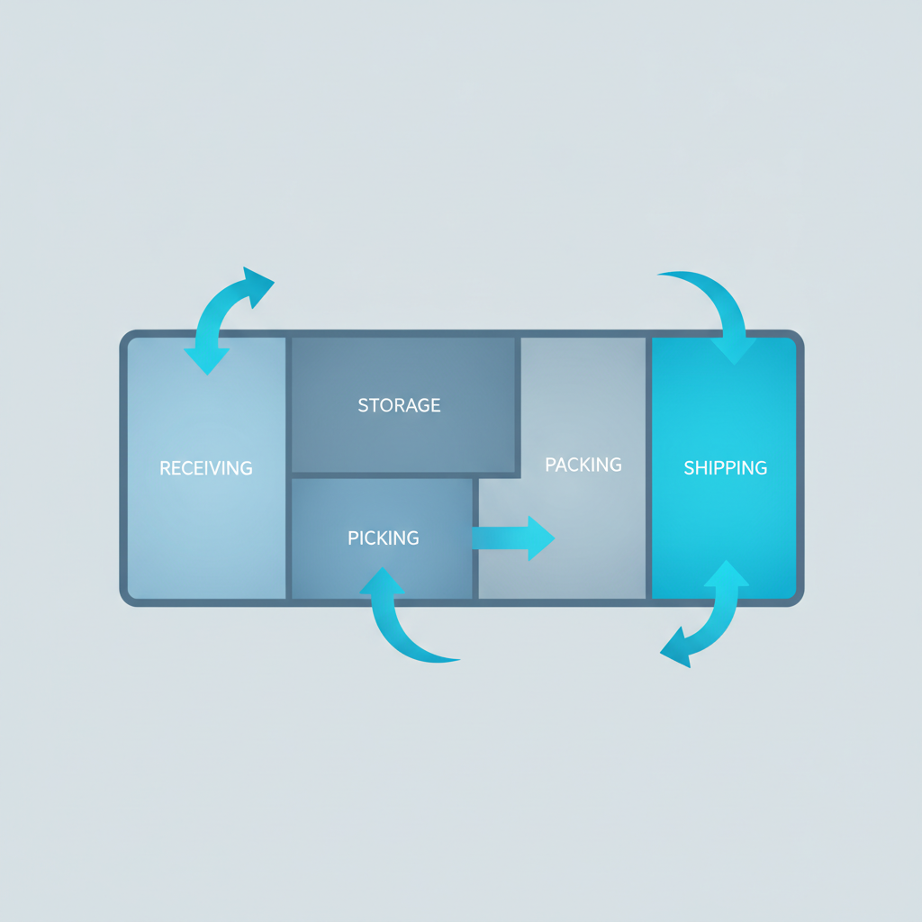 a simple top-down floor plan diagram showing receiving, storage, picking, packing, and shipping zones with arrows showing one-directional flow
