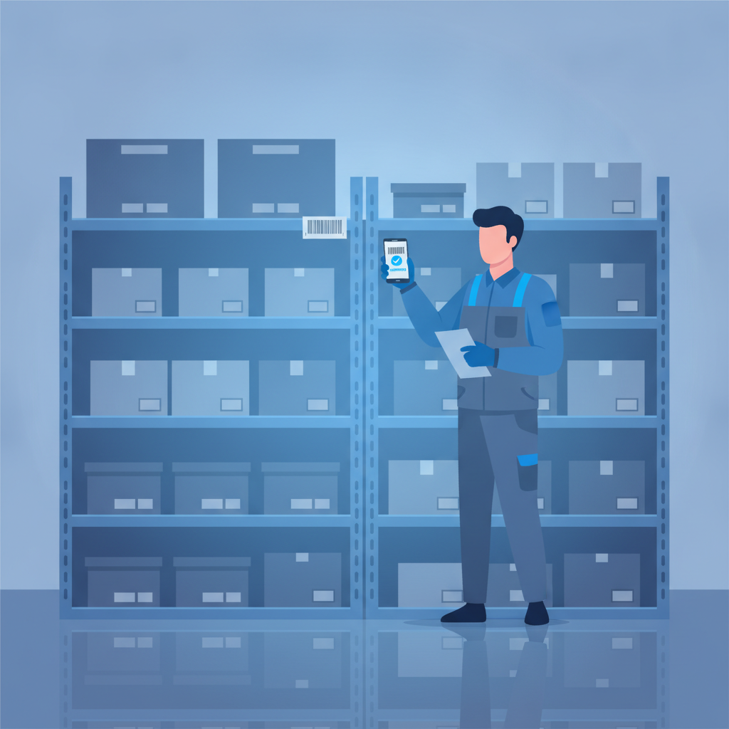 A warehouse worker scanning a barcode on a shelf with a phone, confirming a counted item during a verification step