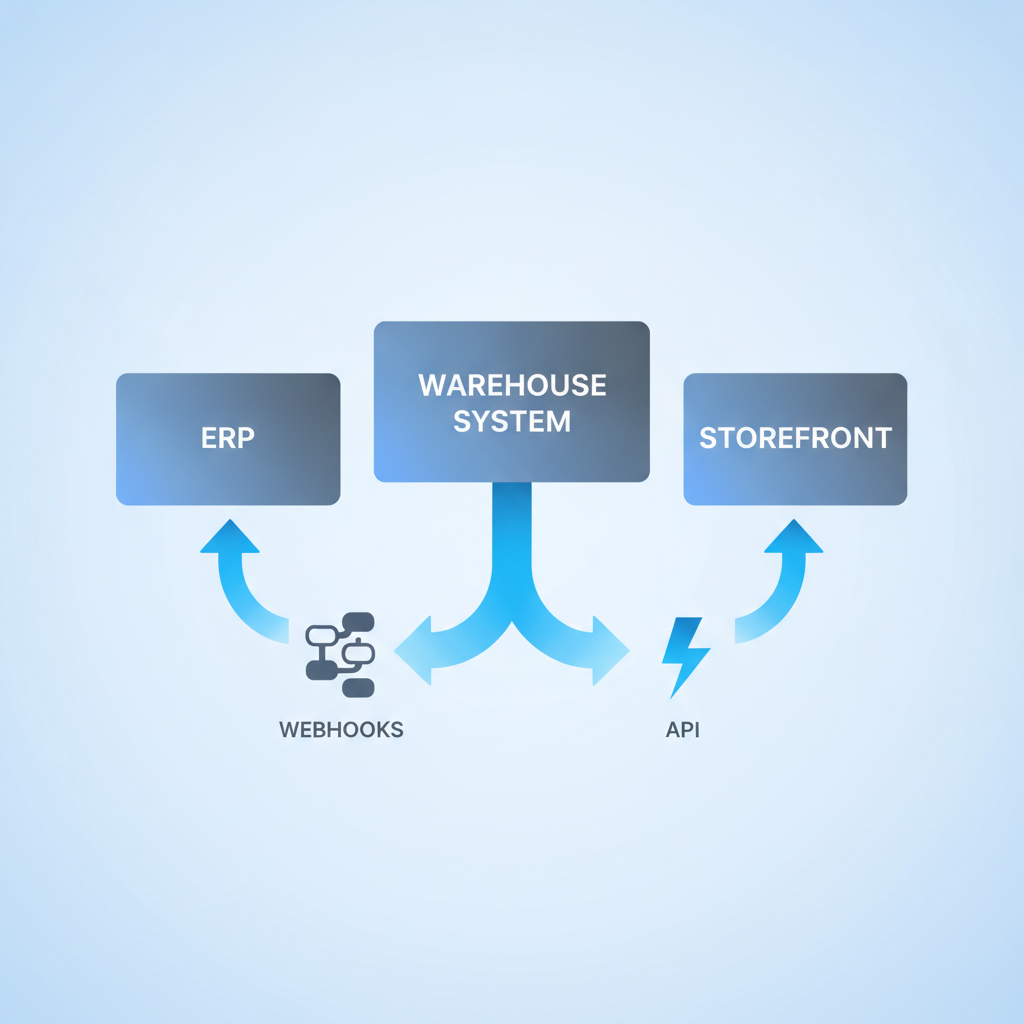 a simple diagram showing a warehouse system connected to an ERP and a storefront through webhooks and an API, no text in the image