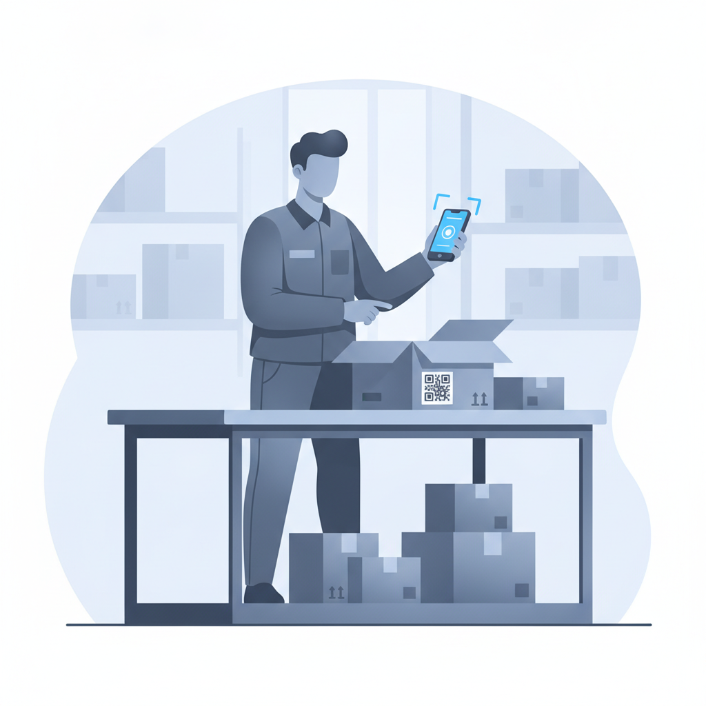 warehouse worker scanning a returned box at an inspection table with a phone