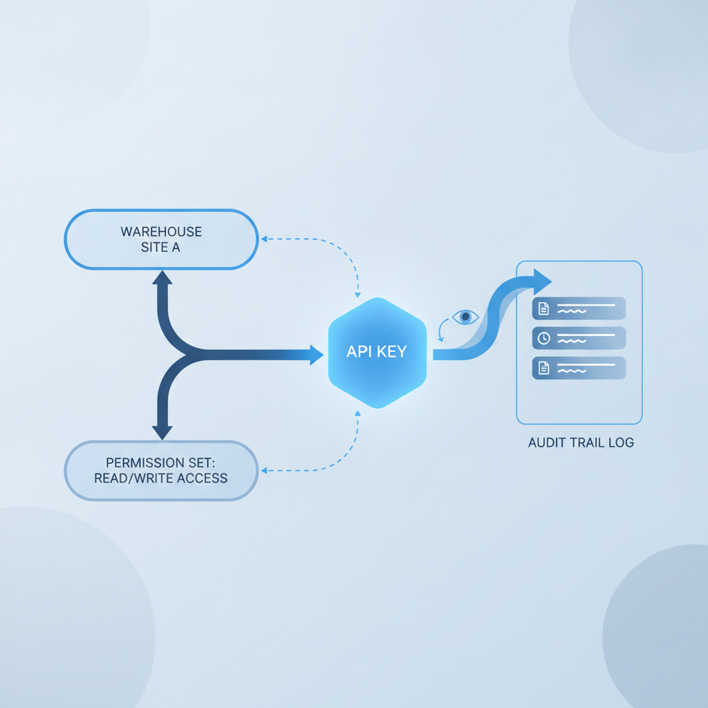 a simple diagram showing an API key scoped to one warehouse site and one permission set, with an audit trail log recording its actions