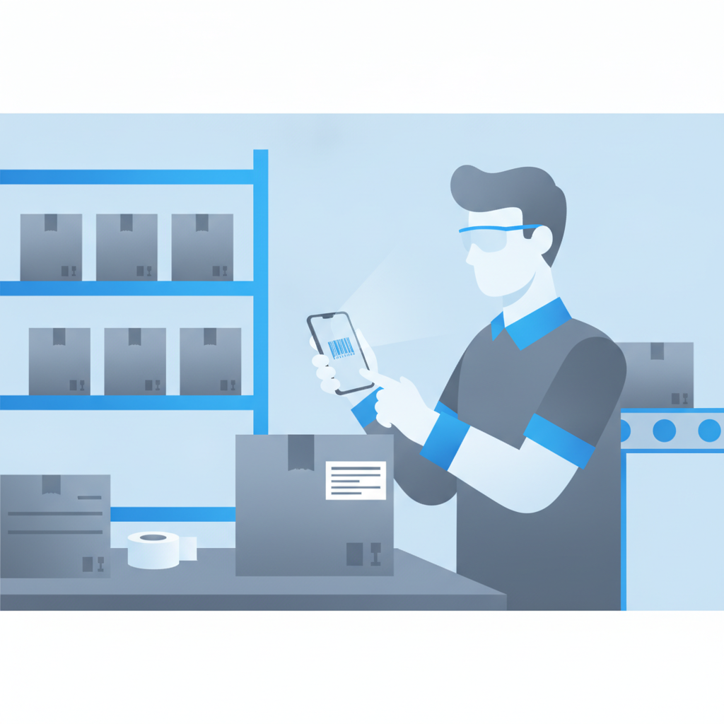 a warehouse worker scanning a shipping label with a phone camera at a packing station