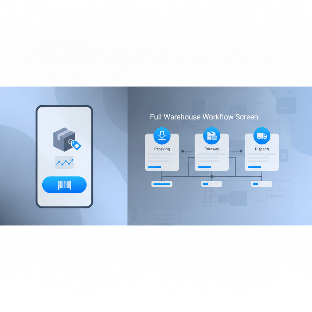split-screen style comparison of a simple inventory tagging app versus a full warehouse workflow screen with receiving, putaway, and dispatch steps