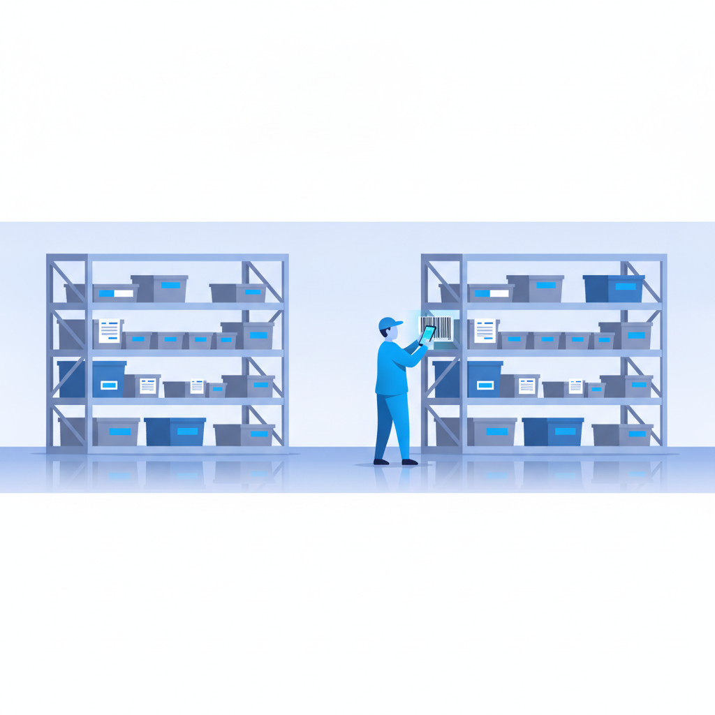 a small warehouse worker scanning a barcode with a phone, shelves of labeled bins in the background, no text