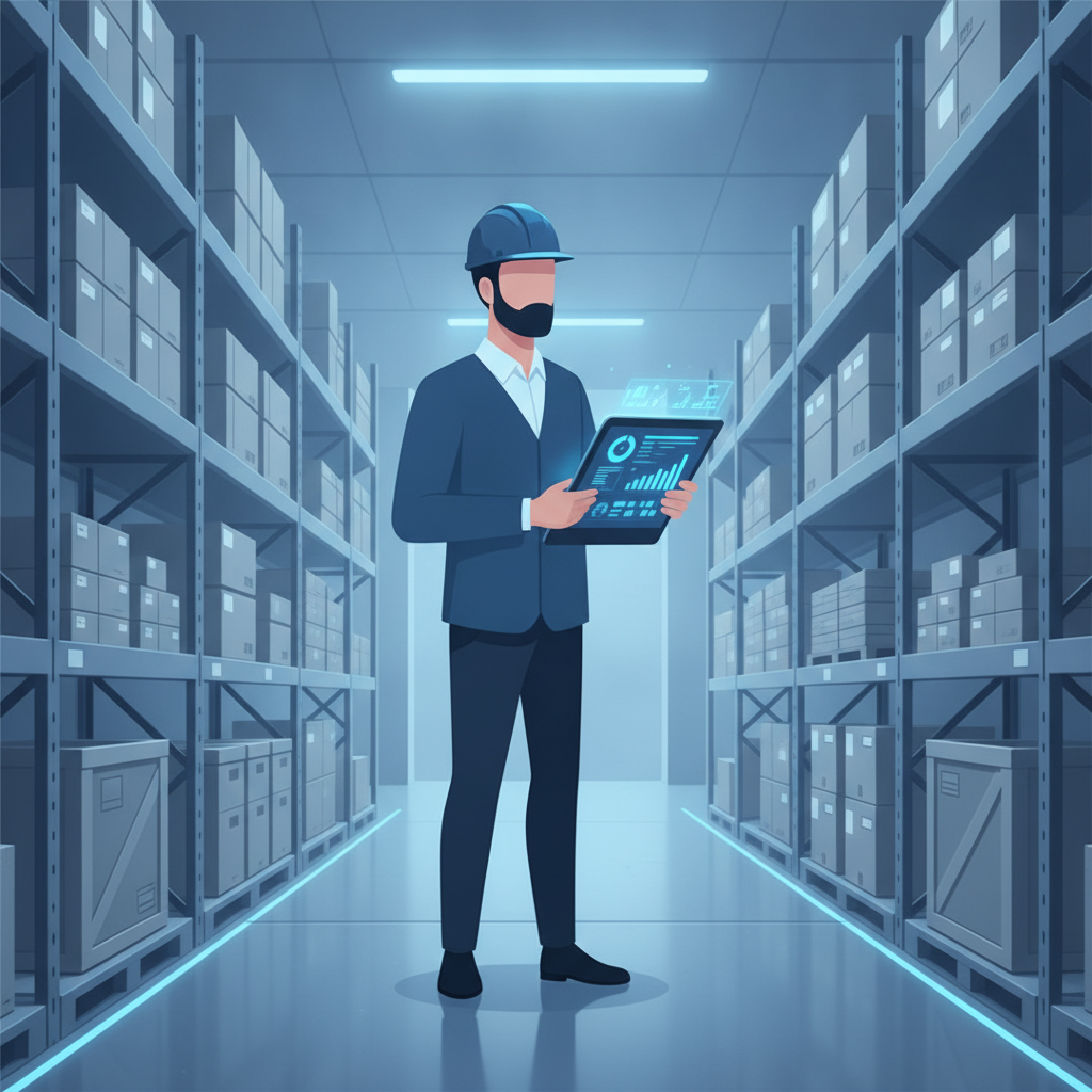 A warehouse manager reviewing a dashboard of inventory accuracy metrics on a tablet at a warehouse aisle