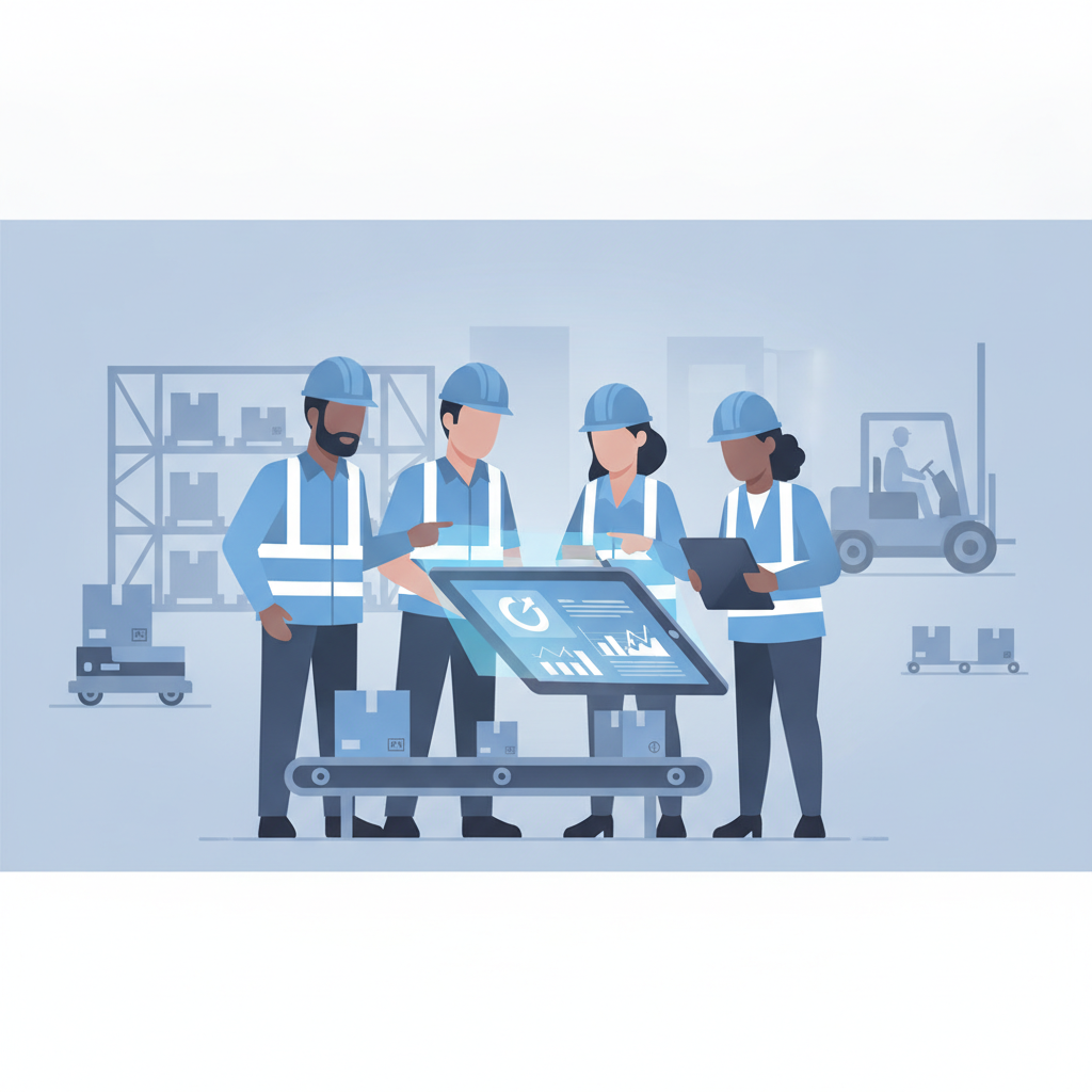 warehouse team reviewing a tablet dashboard during a busy shift