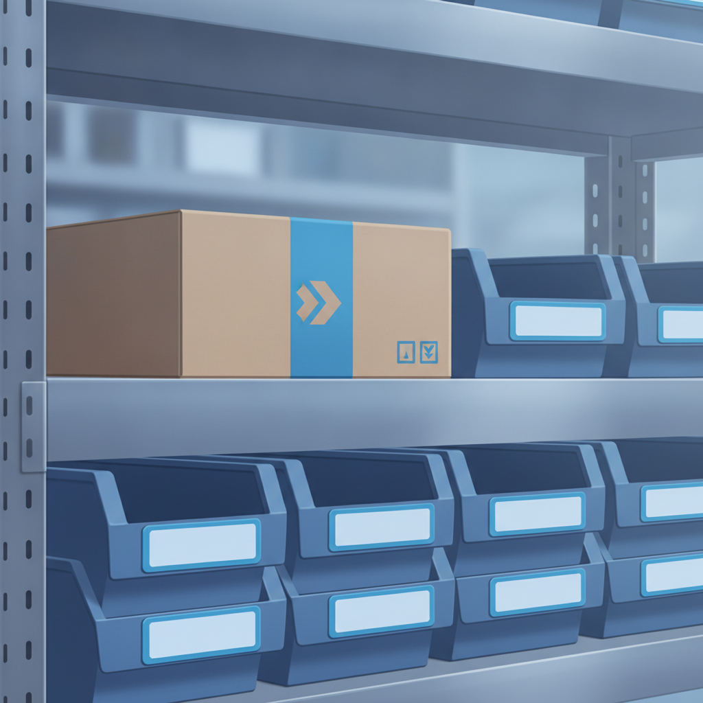 a packed subscription box next to component bins on a warehouse shelf, labeled with location tags