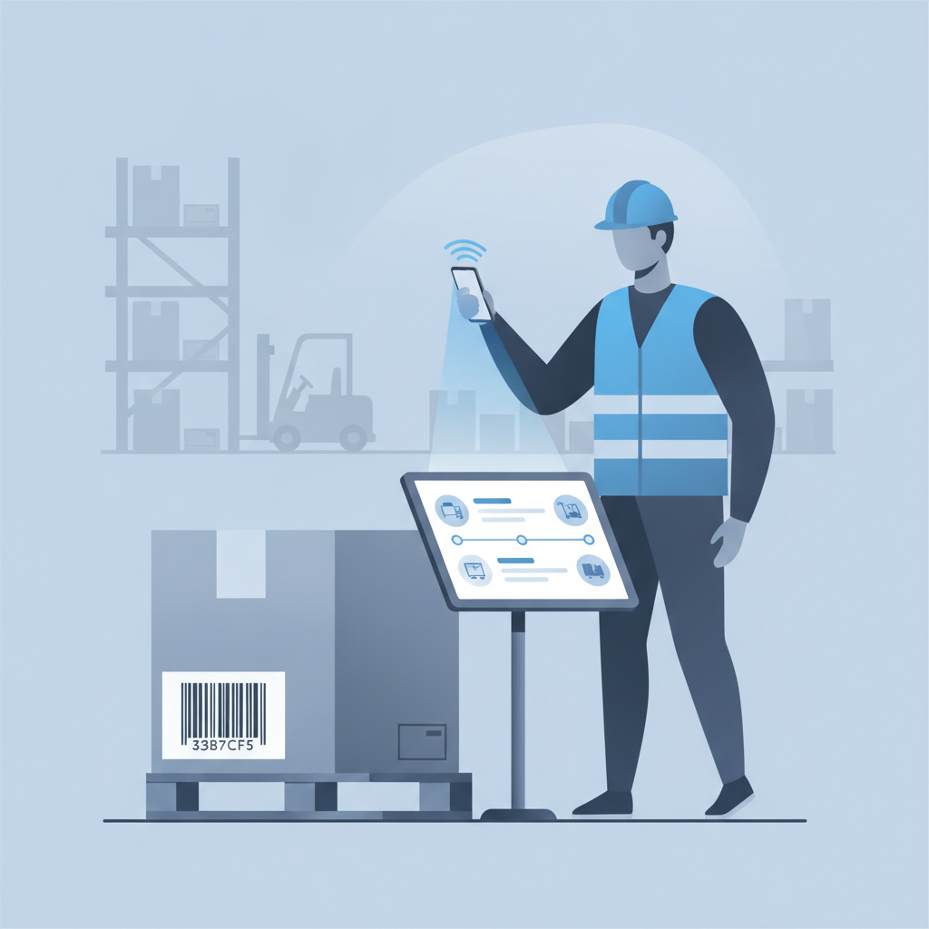 a warehouse worker scanning a pallet barcode with a phone, with a timeline of scan events shown on a tablet screen nearby