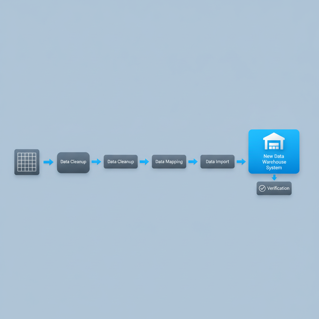 A simple flow diagram showing data moving from a spreadsheet through cleanup, mapping, import, and verification into a new warehouse system