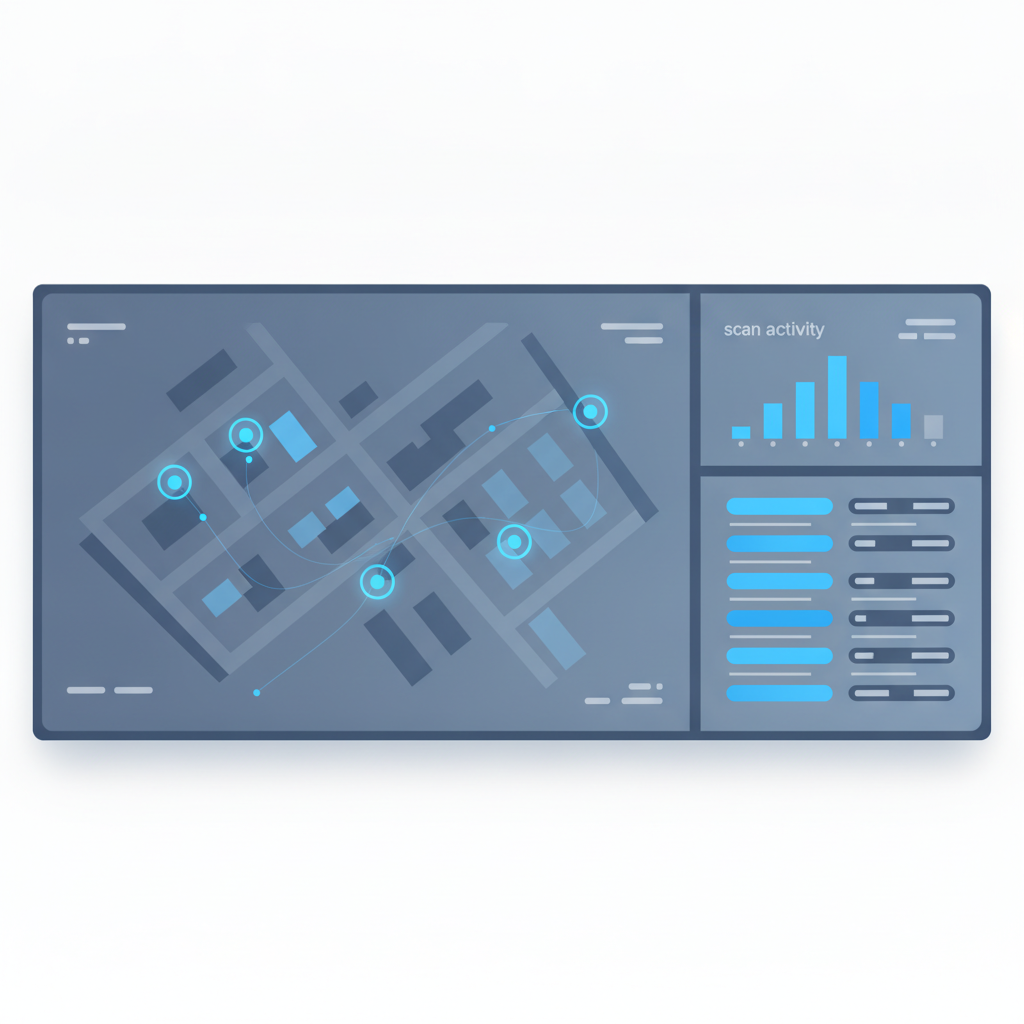 A clean warehouse dashboard screen showing scan history and location labels, no visible text
