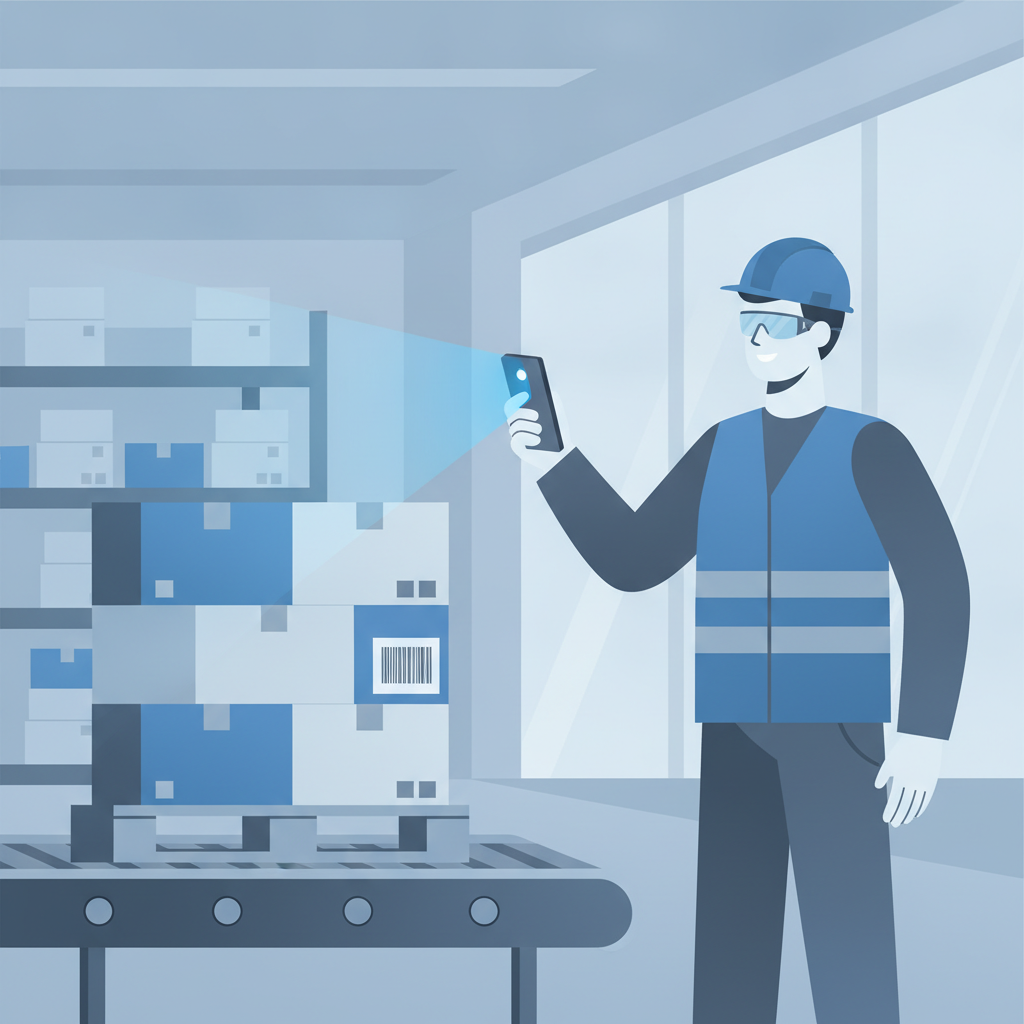 warehouse worker scanning a pallet barcode with a phone camera