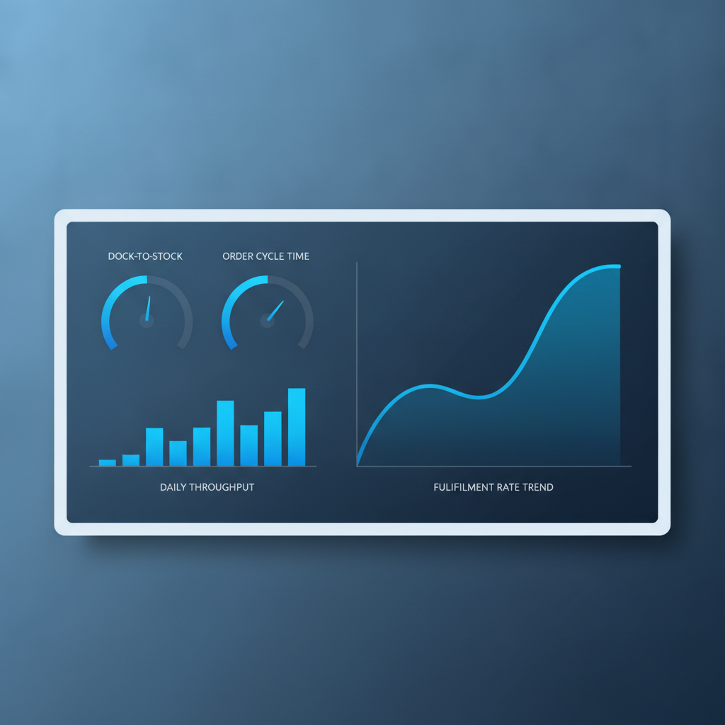 a simple dashboard screen showing warehouse timing metrics like dock-to-stock and order cycle time, no visible text