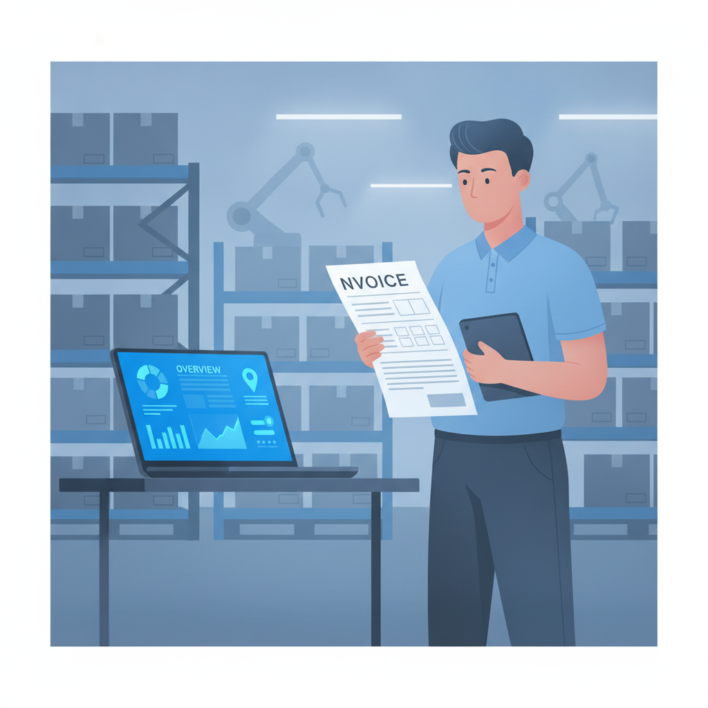 a warehouse manager reviewing an invoice next to a laptop showing a warehouse dashboard