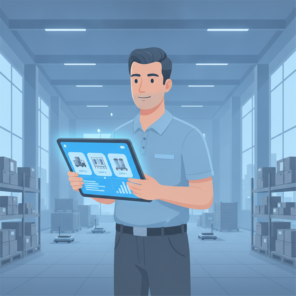 a warehouse manager reviewing a tablet showing separate client sections in a shared warehouse