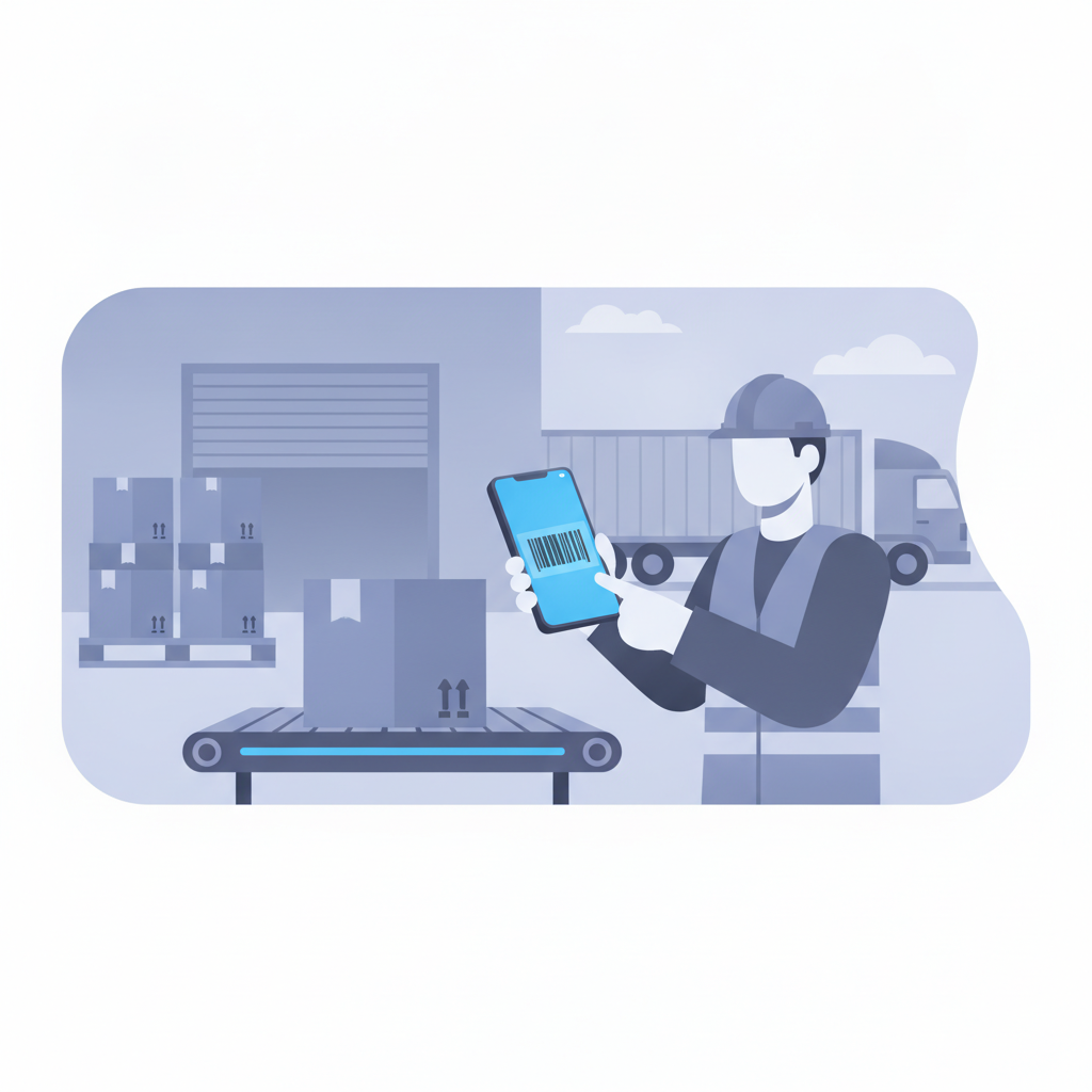 warehouse worker scanning a carton barcode with a smartphone at a receiving dock