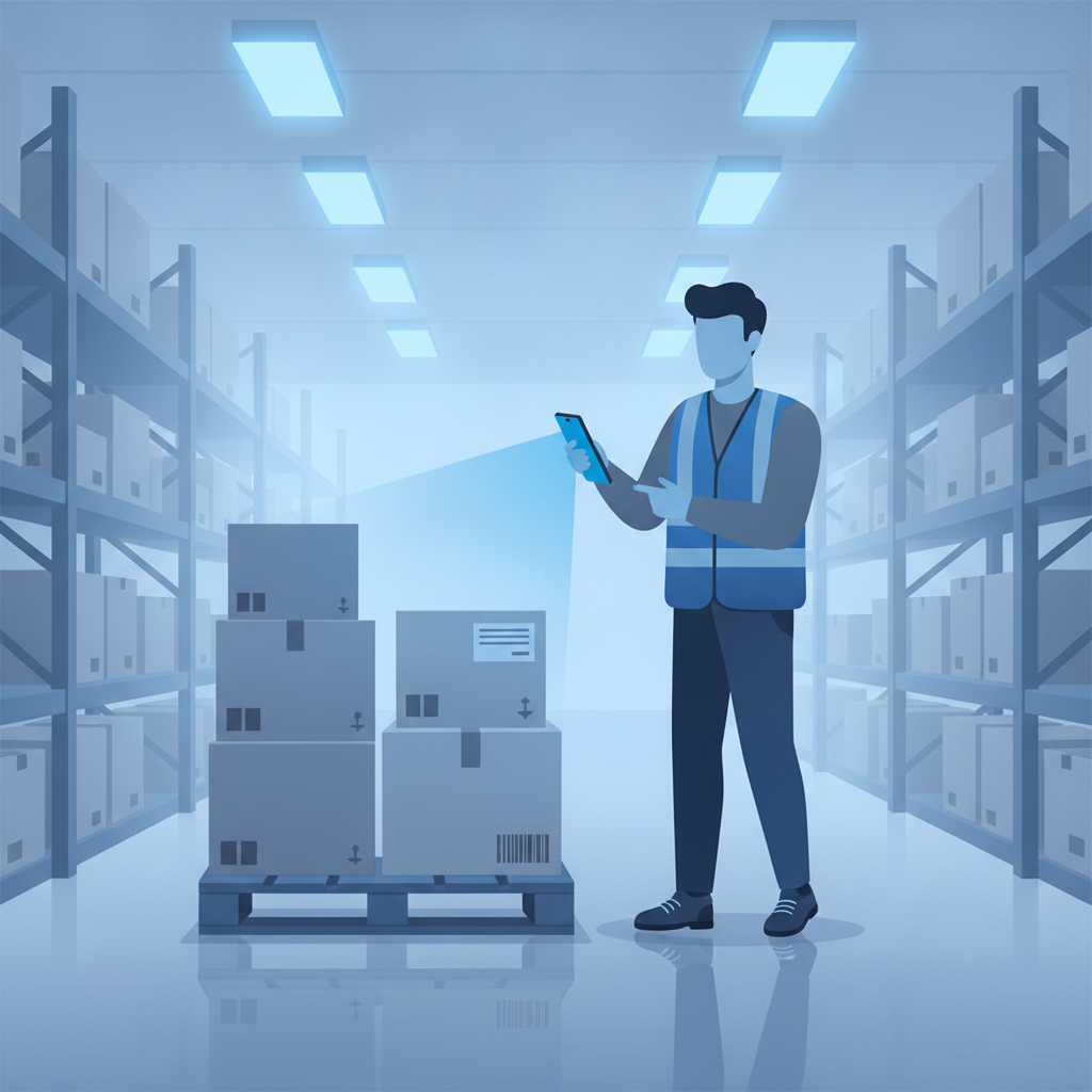 A warehouse worker scanning a pallet barcode with a phone in a bright warehouse aisle