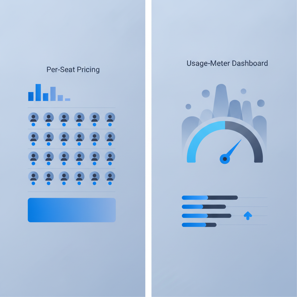 side-by-side comparison of a per-seat pricing invoice list versus a usage-meter dashboard, no text in the image