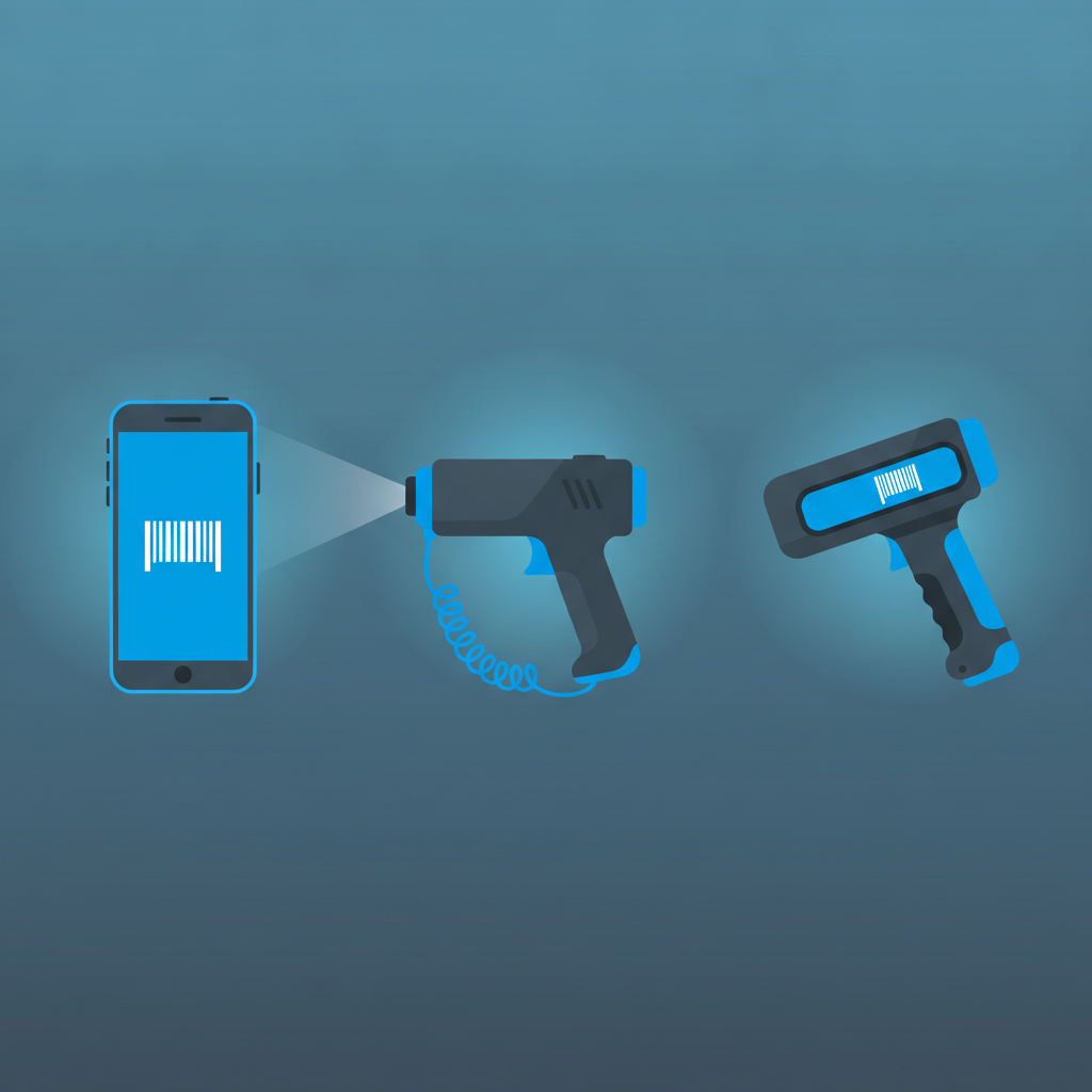 A comparison layout showing a smartphone, a Bluetooth barcode gun, and a rugged handheld scanner side by side